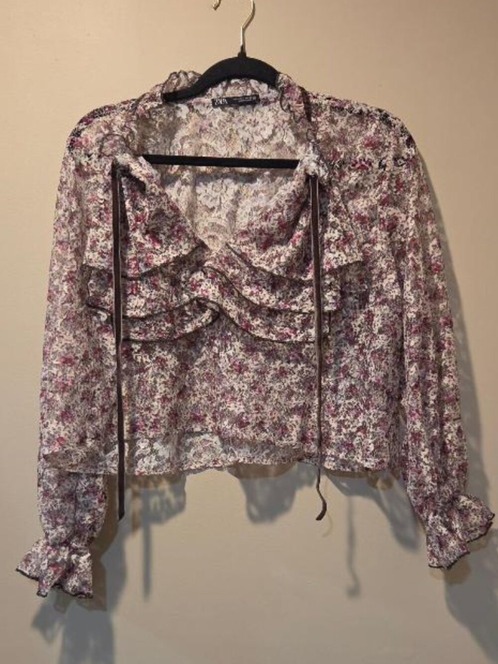 Zara Floral Lace Tiered Ruffle Blouse Sheer Romantic Crop Top